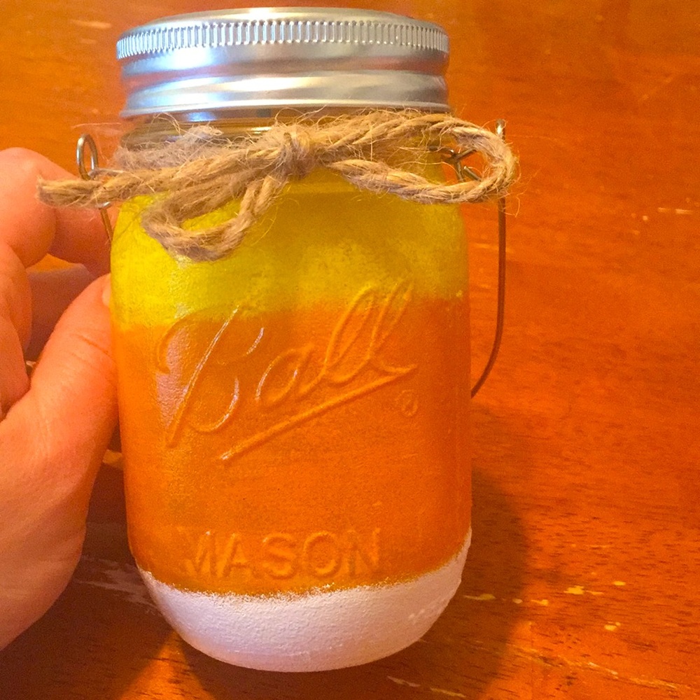 Handmade- hand painted Candy Corn solar jar lantern